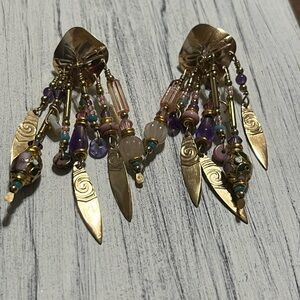 Vintage Signed Tabra Amethyst & Turquoise Earrings Gold filled/Cloisonne Swirl